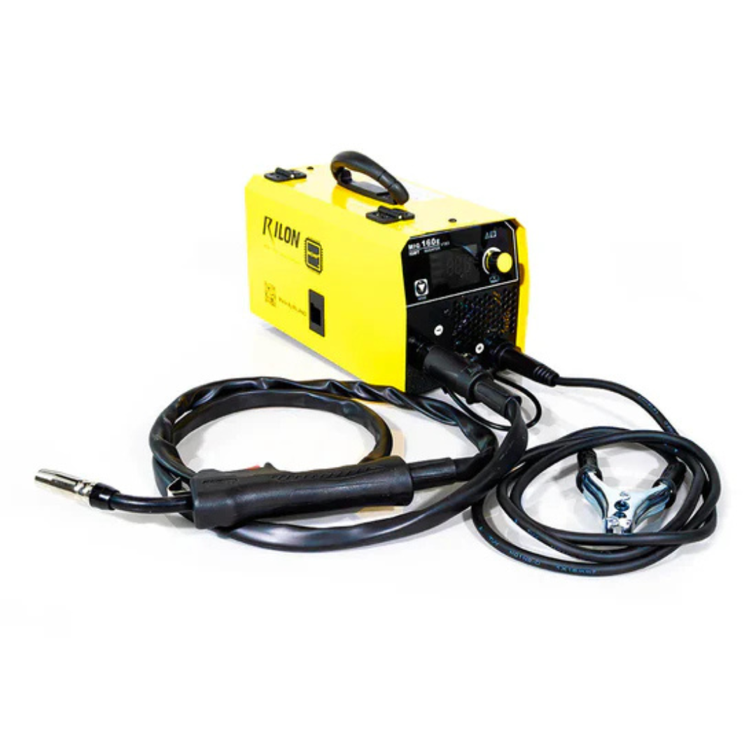 Yellow welding machine with black cables on a white background